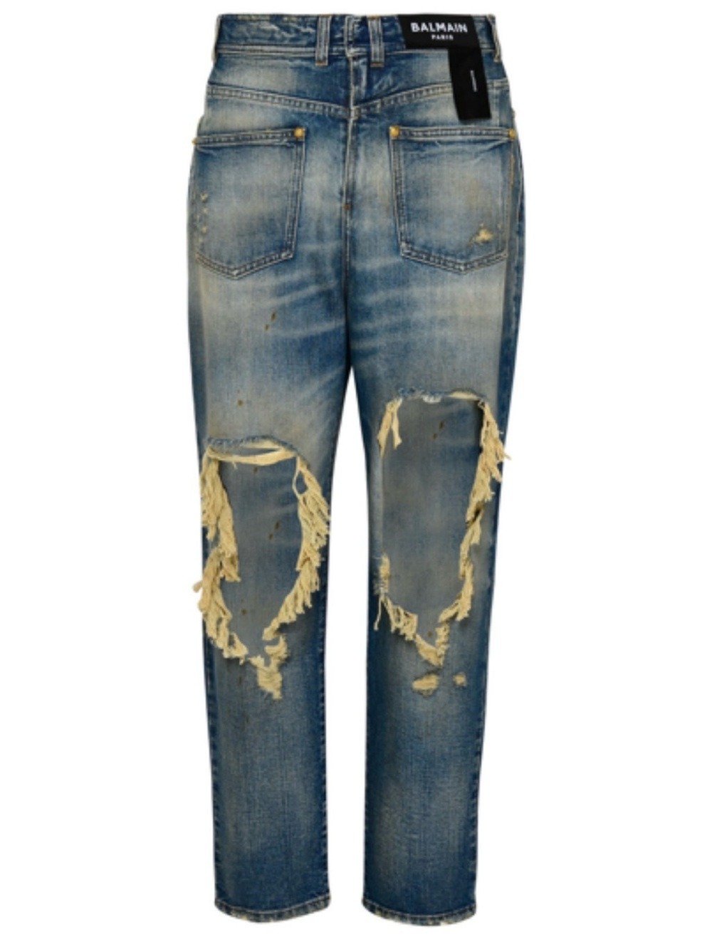 BALMAIN DISTRESSED DETAIL REVERSED VINTAGE BOYFRIEND DENIM JEANS IN BLUE